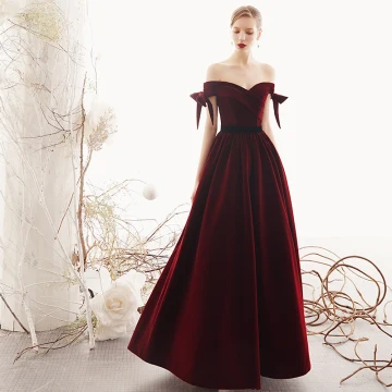 Chic Belle Bordeaux Daim Robe De Soirée 2019 Princesse De L 039 Épaule Manches Courtes Ceinture Longue Dos Nu Robe De Ceremonie