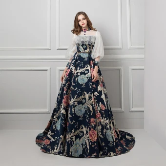 Robe De Ceremonie Robe De Soirée Multi Couleurs Bleu Marine Fermeture Éclair Gonflée Transparentes Perlage Volants Ceinture Tribunal Train Polyester Col Haut Soirée Tomber Printemps Été Manches Longues Princesse 2019 Vintage Originale