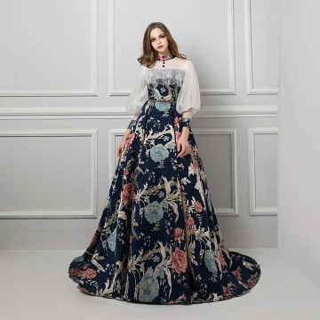 Formal Dresses Evening Dresses Multi Colors Navy Blue Zipper Up Puffy See Through Beading Ruffle Sash Court Train Polyester High Neck Evening Party Fall Spring Summer Long Sleeve A Line Princess 2019 Vintage Retro