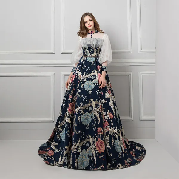 Formal Dresses Evening Dresses  Multi-Colors Navy Blue Zipper Up Puffy See-through Beading Ruffle Sash Court Train Polyester High Neck Evening Party Fall Spring Summer Long Sleeve A-Line / Princess 2019 Vintage / Retro