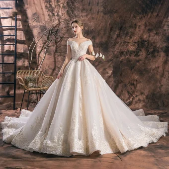 Chic Beautiful Champagne Wedding Dresses 2019 A Line Princess Off The Shoulder Deep V Neck Short Sleeve Backless Appliques Lace Beading Chapel Train Ruffle
