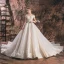 Chic / Beautiful Champagne Wedding Dresses 2019 A-Line / Princess Off-The-Shoulder Deep V-Neck Short Sleeve Backless Appliques Lace Beading Chapel Train Ruffle