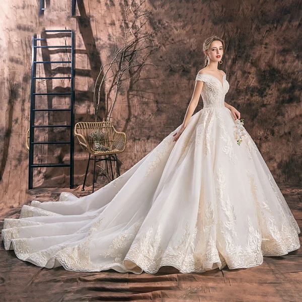 Chic / Beautiful Champagne Wedding Dresses 2019 A-Line / Princess Off-The-Shoulder Deep V-Neck Short Sleeve Backless Appliques Lace Beading Chapel Train Ruffle