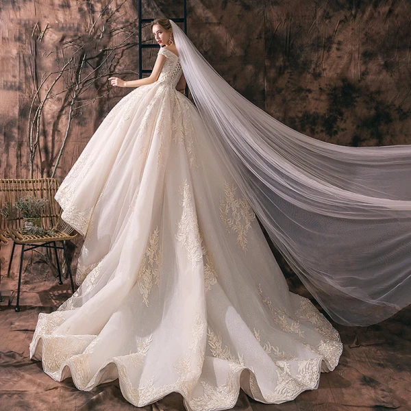 Chic / Beautiful Champagne Wedding Dresses 2019 A-Line / Princess Off-The-Shoulder Deep V-Neck Short Sleeve Backless Appliques Lace Beading Chapel Train Ruffle