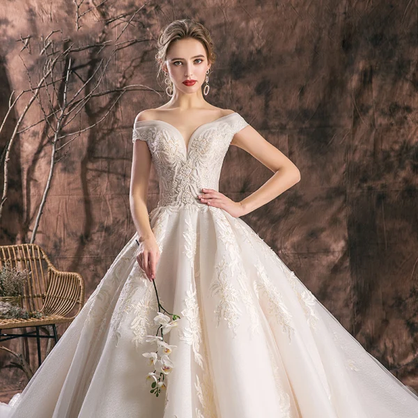 Chic / Beautiful Champagne Wedding Dresses 2019 A-Line / Princess Off-The-Shoulder Deep V-Neck Short Sleeve Backless Appliques Lace Beading Chapel Train Ruffle