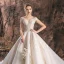 Chic / Beautiful Champagne Wedding Dresses 2019 A-Line / Princess Off-The-Shoulder Deep V-Neck Short Sleeve Backless Appliques Lace Beading Chapel Train Ruffle