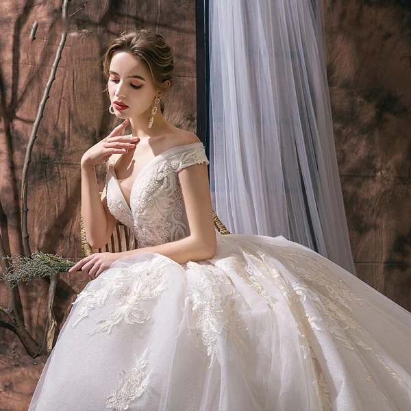 Chic / Beautiful Champagne Wedding Dresses 2019 A-Line / Princess Off-The-Shoulder Deep V-Neck Short Sleeve Backless Appliques Lace Beading Chapel Train Ruffle