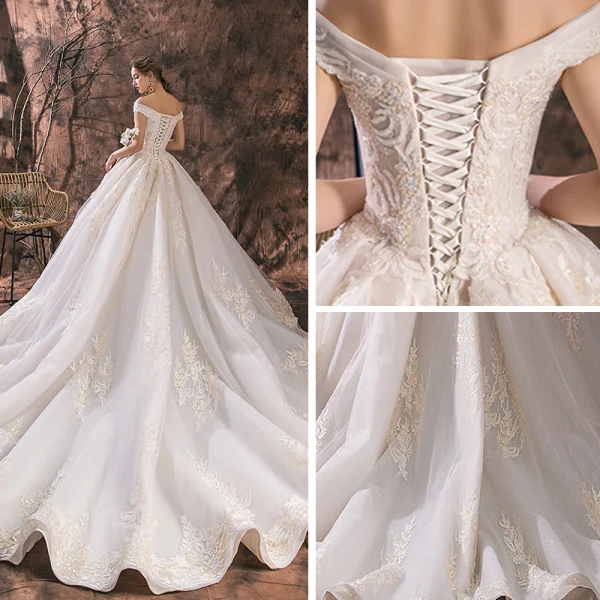 Chic / Beautiful Champagne Wedding Dresses 2019 A-Line / Princess Off-The-Shoulder Deep V-Neck Short Sleeve Backless Appliques Lace Beading Chapel Train Ruffle