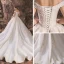 Chic / Beautiful Champagne Wedding Dresses 2019 A-Line / Princess Off-The-Shoulder Deep V-Neck Short Sleeve Backless Appliques Lace Beading Chapel Train Ruffle