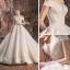 Chic / Beautiful Champagne Wedding Dresses 2019 A-Line / Princess Off-The-Shoulder Deep V-Neck Short Sleeve Backless Appliques Lace Beading Chapel Train Ruffle