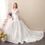 Affordable Ivory Satin See-through Wedding Dresses 2019 A-Line / Princess V-Neck 3/4 Sleeve Backless Appliques Lace Chapel Train