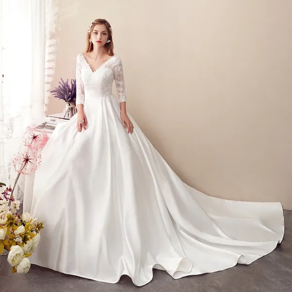 Affordable Ivory Satin See-through Wedding Dresses 2019 A-Line / Princess V-Neck 3/4 Sleeve Backless Appliques Lace Chapel Train