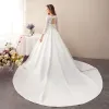 Affordable Ivory Satin See-through Wedding Dresses 2019 A-Line / Princess V-Neck 3/4 Sleeve Backless Appliques Lace Chapel Train