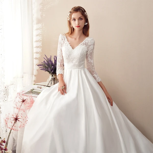 Affordable Ivory Satin See-through Wedding Dresses 2019 A-Line / Princess V-Neck 3/4 Sleeve Backless Appliques Lace Chapel Train Affordable Ivory Satin See-through Wedding Dresses 2019 A-Line / Princess V-Neck 3/4 Sleeve Backless Appliques Lace Chapel Train