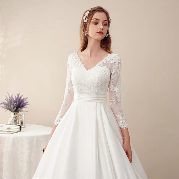 Affordable Ivory Satin See-through Wedding Dresses 2019 A-Line / Princess V-Neck 3/4 Sleeve Backless Appliques Lace Chapel Train