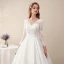 Affordable Ivory Satin See-through Wedding Dresses 2019 A-Line / Princess V-Neck 3/4 Sleeve Backless Appliques Lace Chapel Train