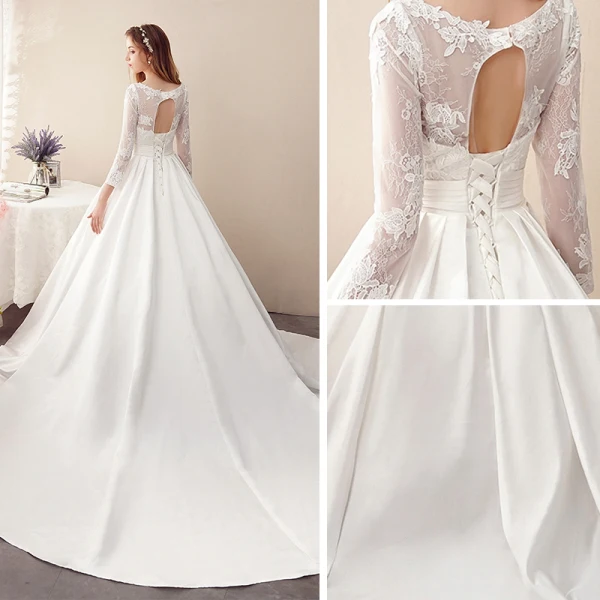 Affordable Ivory Satin See-through Wedding Dresses 2019 A-Line / Princess V-Neck 3/4 Sleeve Backless Appliques Lace Chapel Train