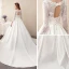 Affordable Ivory Satin See-through Wedding Dresses 2019 A-Line / Princess V-Neck 3/4 Sleeve Backless Appliques Lace Chapel Train