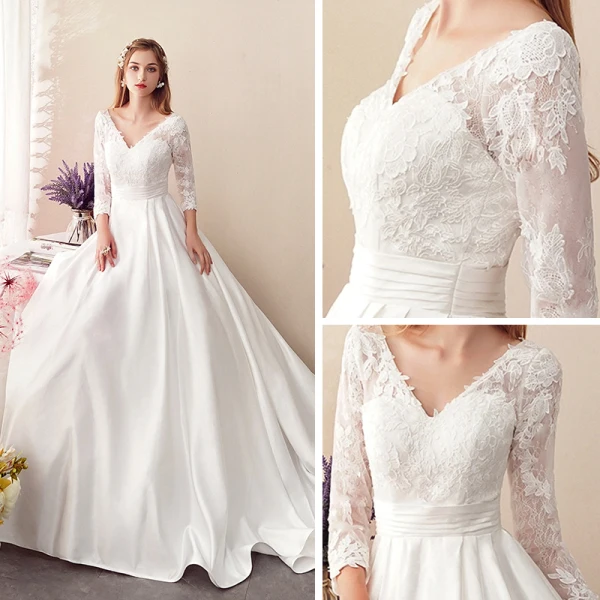 Affordable Ivory Satin See-through Wedding Dresses 2019 A-Line / Princess V-Neck 3/4 Sleeve Backless Appliques Lace Chapel Train