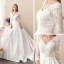 Affordable Ivory Satin See-through Wedding Dresses 2019 A-Line / Princess V-Neck 3/4 Sleeve Backless Appliques Lace Chapel Train