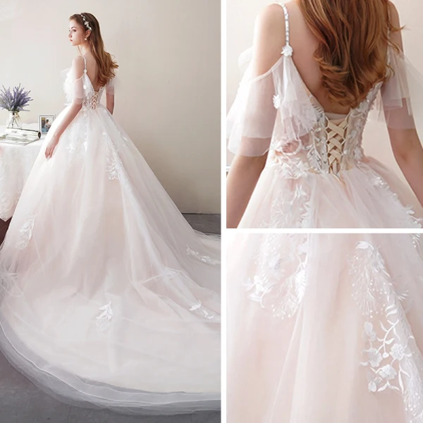 Abordable Champagne Robe De Mariée 2019 Princesse Bretelles Spaghetti Manches Courtes Dos Nu Paillettes Appliques En Dentelle Perle Cathedral Train Volants