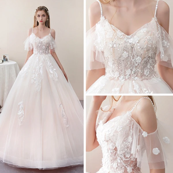 Abordable Champagne Robe De Mariée 2019 Princesse Bretelles Spaghetti Manches Courtes Dos Nu Paillettes Appliques En Dentelle Perle Cathedral Train Volants