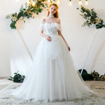 Abordable Ivoire Robe De Mariée 2019 Princesse De L 039 Épaule Manches Courtes Dos Nu Appliques En Dentelle Perle Train De Balayage Volants
