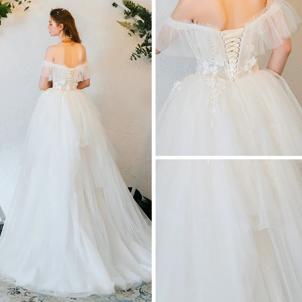 Abordable Ivoire Robe De Mariée 2019 Princesse De l'épaule Manches Courtes Dos Nu Appliques En Dentelle Perle Train De Balayage Volants