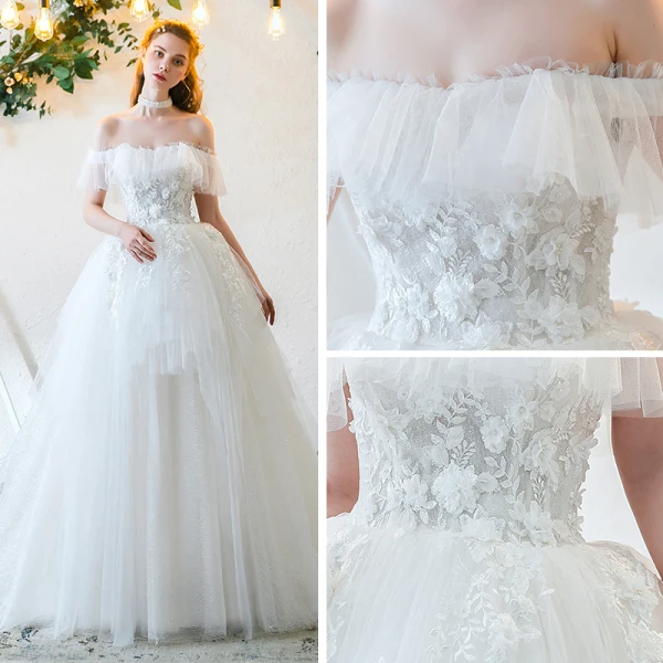 Abordable Ivoire Robe De Mariée 2019 Princesse De l'épaule Manches Courtes Dos Nu Appliques En Dentelle Perle Train De Balayage Volants