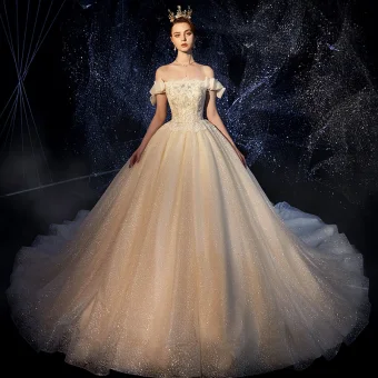 Scintillantes Champagne Robe De Mariée 2019 Robe Boule De L 039 Épaule Manches Courtes Dos Nu Paillettes Perle Perlage Glitter Tulle Chapel Train Volants
