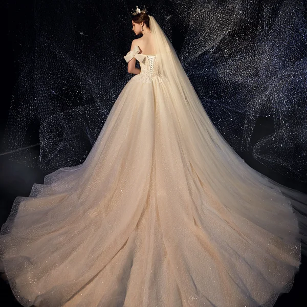 Sparkly Champagne Wedding Dresses 2019 Ball Gown Off-The-Shoulder Short Sleeve Backless Sequins Pearl Beading Glitter Tulle Chapel Train Ruffle