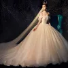 Sparkly Champagne Wedding Dresses 2019 Ball Gown Off-The-Shoulder Short Sleeve Backless Sequins Pearl Beading Glitter Tulle Chapel Train Ruffle