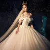 Sparkly Champagne Wedding Dresses 2019 Ball Gown Off-The-Shoulder Short Sleeve Backless Sequins Pearl Beading Glitter Tulle Chapel Train Ruffle