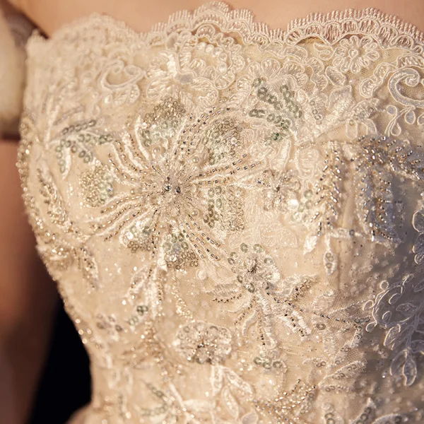 Sparkly Champagne Wedding Dresses 2019 Ball Gown Off-The-Shoulder Short Sleeve Backless Sequins Pearl Beading Glitter Tulle Chapel Train Ruffle