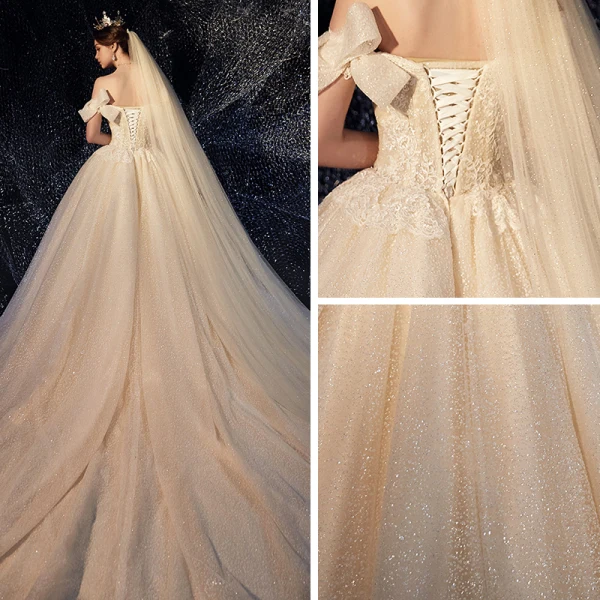 Sparkly Champagne Wedding Dresses 2019 Ball Gown Off-The-Shoulder Short Sleeve Backless Sequins Pearl Beading Glitter Tulle Chapel Train Ruffle