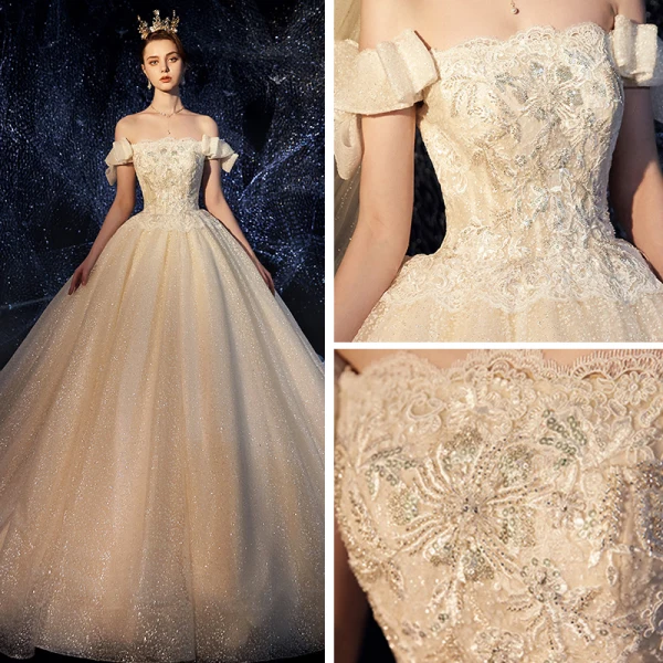 Sparkly Champagne Wedding Dresses 2019 Ball Gown Off-The-Shoulder Short Sleeve Backless Sequins Pearl Beading Glitter Tulle Chapel Train Ruffle