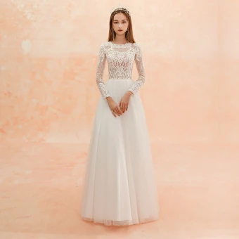 Illusion Ivory Beach Pierced Wedding Dresses 2019 Sheath Fit Scoop Neck Long Sleeve Appliques Lace Floor Length Long Ruffle