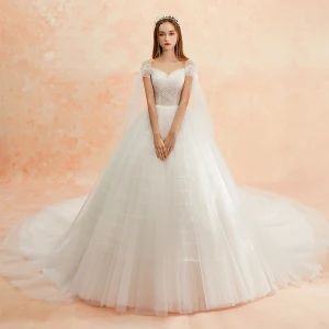 Modest Simple Ivory Wedding Dresses 2019 A Line Princess Square Neckline Short Sleeve Backless Cathedral Train Ruffle
