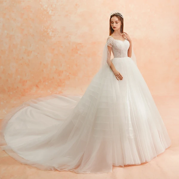 Modest / Simple Ivory Wedding Dresses 2019 A-Line / Princess Square Neckline Short Sleeve Backless Cathedral Train Ruffle