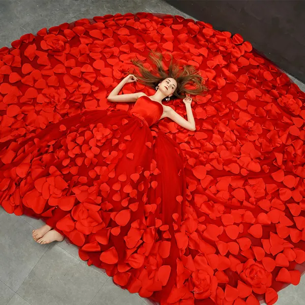 Fabulous Red Wedding Dresses 2019 A-Line / Princess Sweetheart Sleeveless Backless Appliques Flower Bow Sash Royal Train Ruffle