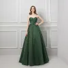 Modern / Fashion Dark Green Evening Dresses  2019 A-Line / Princess Sweetheart Sleeveless Gold Printing Flower Sash Sweep Train Ruffle Backless Formal Dresses