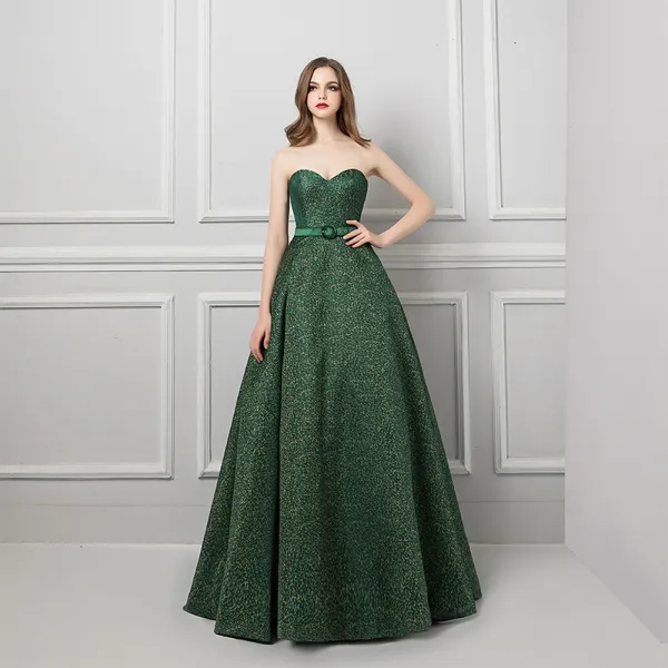 Modern / Fashion Dark Green Evening Dresses  2019 A-Line / Princess Sweetheart Sleeveless Gold Printing Flower Sash Sweep Train Ruffle Backless Formal Dresses