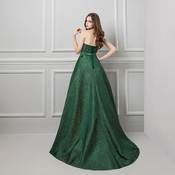 Modern / Fashion Dark Green Evening Dresses  2019 A-Line / Princess Sweetheart Sleeveless Gold Printing Flower Sash Sweep Train Ruffle Backless Formal Dresses