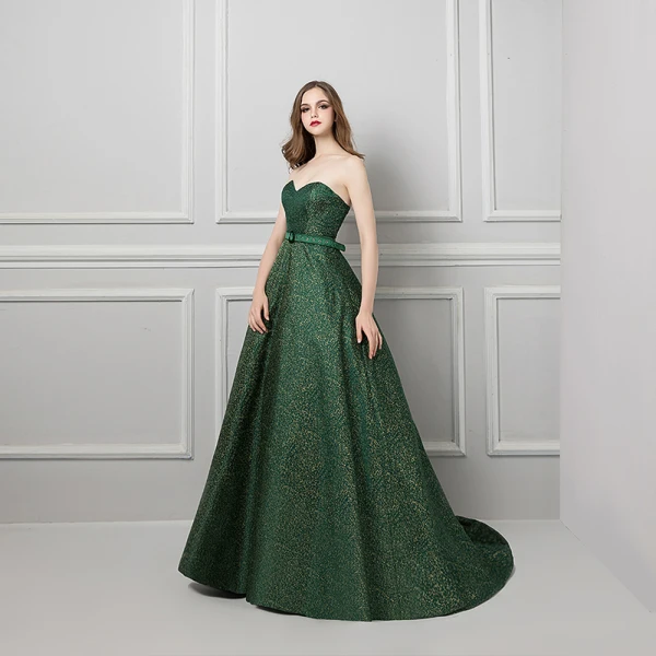 Modern / Fashion Dark Green Evening Dresses  2019 A-Line / Princess Sweetheart Sleeveless Gold Printing Flower Sash Sweep Train Ruffle Backless Formal Dresses