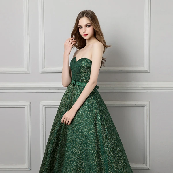 Modern / Fashion Dark Green Evening Dresses  2019 A-Line / Princess Sweetheart Sleeveless Gold Printing Flower Sash Sweep Train Ruffle Backless Formal Dresses