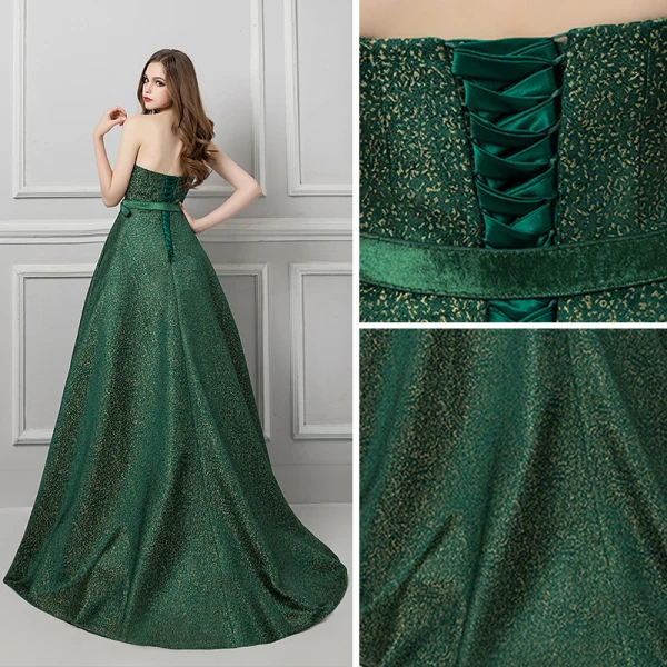 Modern / Fashion Dark Green Evening Dresses  2019 A-Line / Princess Sweetheart Sleeveless Gold Printing Flower Sash Sweep Train Ruffle Backless Formal Dresses