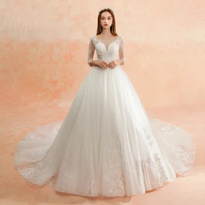 Best Ivory See Through Wedding Dresses 2019 A Line Princess Scoop Neck 3 4 Sleeve Backless Appliques Lace Beading Cathedral Train Ruffle