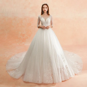 Best Ivory See Through Wedding Dresses 2019 A Line Princess Scoop Neck 3 4 Sleeve Backless Appliques Lace Beading Cathedral Train Ruffle