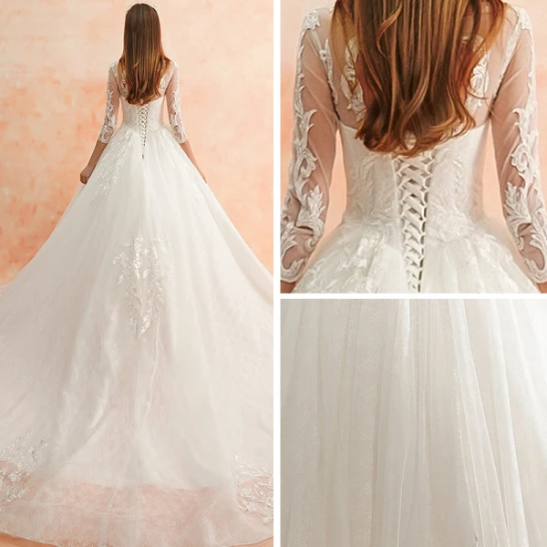 Meilleur Ivoire Transparentes Robe De Mariée 2019 Princesse Encolure Dégagée 3/4 Manches Dos Nu Appliques En Dentelle Perlage Cathedral Train Volants