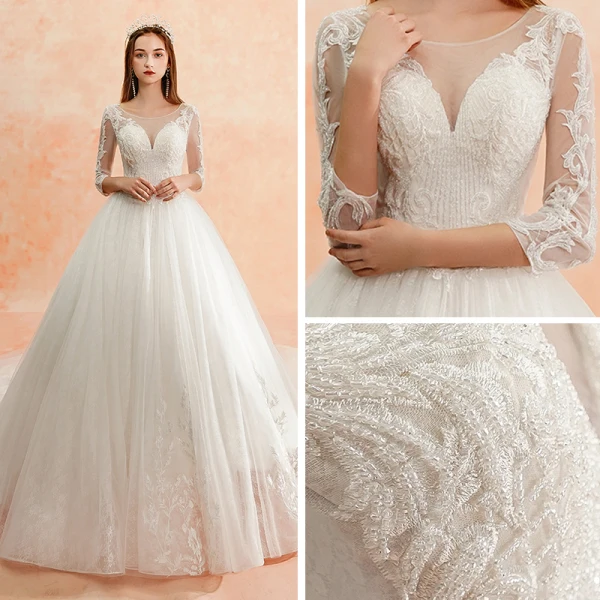 Meilleur Ivoire Transparentes Robe De Mariée 2019 Princesse Encolure Dégagée 3/4 Manches Dos Nu Appliques En Dentelle Perlage Cathedral Train Volants